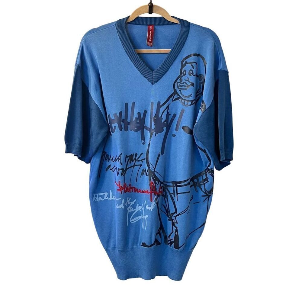 VTG FUBU L Platinum Blue Knit Sweater Men's Fat Albert Junkyard Gang Y2K Cartoon